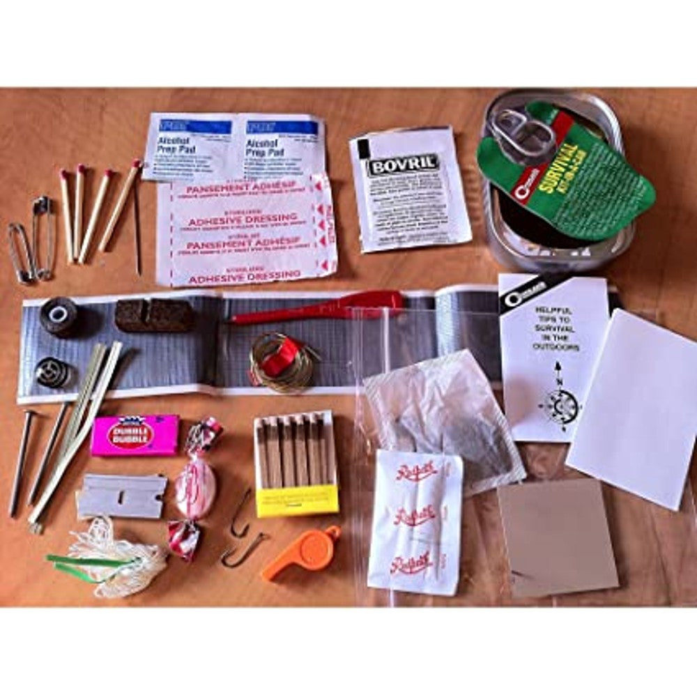 Open survival kit in a can displaying over 30 handcrafted emergency supplies including matches, compass, fire starters, wire, fishing line, and a whistle, ideal for Farm, Garden & Tool and Emergency Supplies collections.