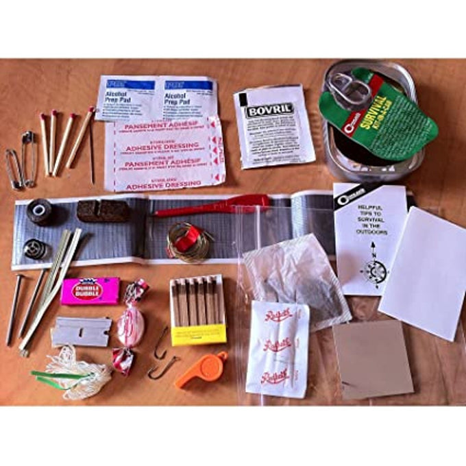 Open survival kit in a can displaying over 30 handcrafted emergency supplies including matches, compass, fire starters, wire, fishing line, and a whistle, ideal for Farm, Garden & Tool and Emergency Supplies collections.