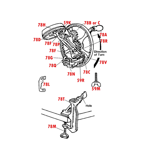 Detailed technical diagram showing labeled metal components and assembly parts for a crank wheel bolt compatible with Reading apple peelers, ideal for farm, garden, and kitchen specialty equipment collections.