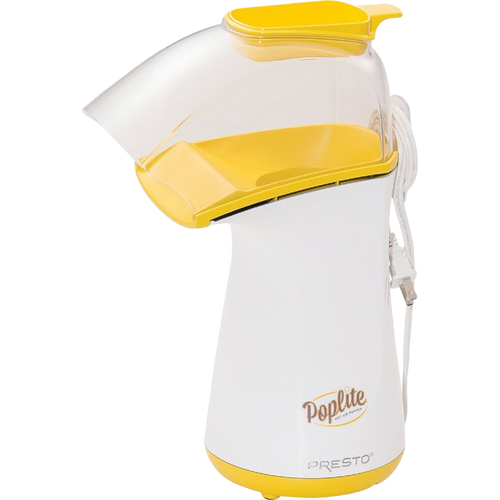 Compact electric hot air popcorn popper in white and yellow with clear plastic chute, ideal for healthier oil-free popcorn making, featured in Kitchen & Food, Popcorn, and Best Sellers collections.