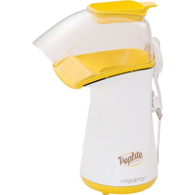 Compact electric hot air popcorn popper in white and yellow with clear plastic chute, ideal for healthier oil-free popcorn making, featured in Kitchen & Food, Popcorn, and Best Sellers collections.