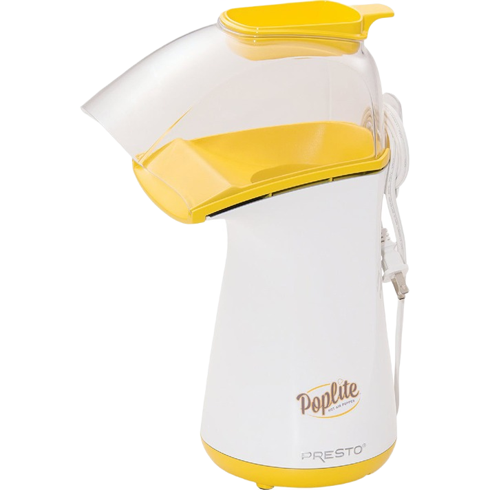 Compact electric hot air popcorn popper in white and yellow with clear plastic chute, ideal for healthier oil-free popcorn making, featured in Kitchen & Food, Popcorn, and Best Sellers collections.