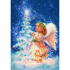 Illustration of a curly-haired angel child in a layered, festive dress with soft wings, standing barefoot in snow near glowing rabbits and a sparkling Christmas tree under a bright star, featured in USA Made and Children's Toys collections.
