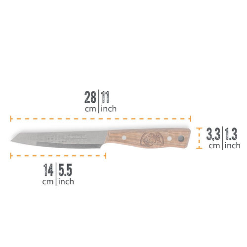 Handcrafted utility knife with a sharp high-quality steel blade and engraved walnut handle, measuring 11 inches total, perfect for Farm, Garden & Tool, Kitchen & Food, and Camping collections.