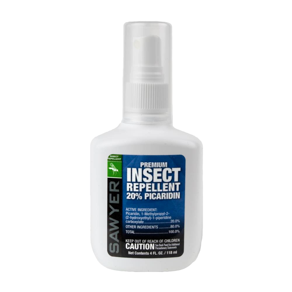 Compact white spray bottle labeled with blue and black text indicating 20% Picaridin insect repellent, suitable for camping and garden use in farm and outdoor tool collections.