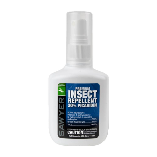 Compact white spray bottle labeled with blue and black text indicating 20% Picaridin insect repellent, suitable for camping and garden use in farm and outdoor tool collections.