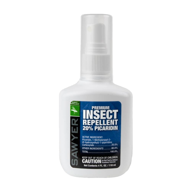 Compact white spray bottle labeled with blue and black text indicating 20% Picaridin insect repellent, suitable for camping and garden use in farm and outdoor tool collections.