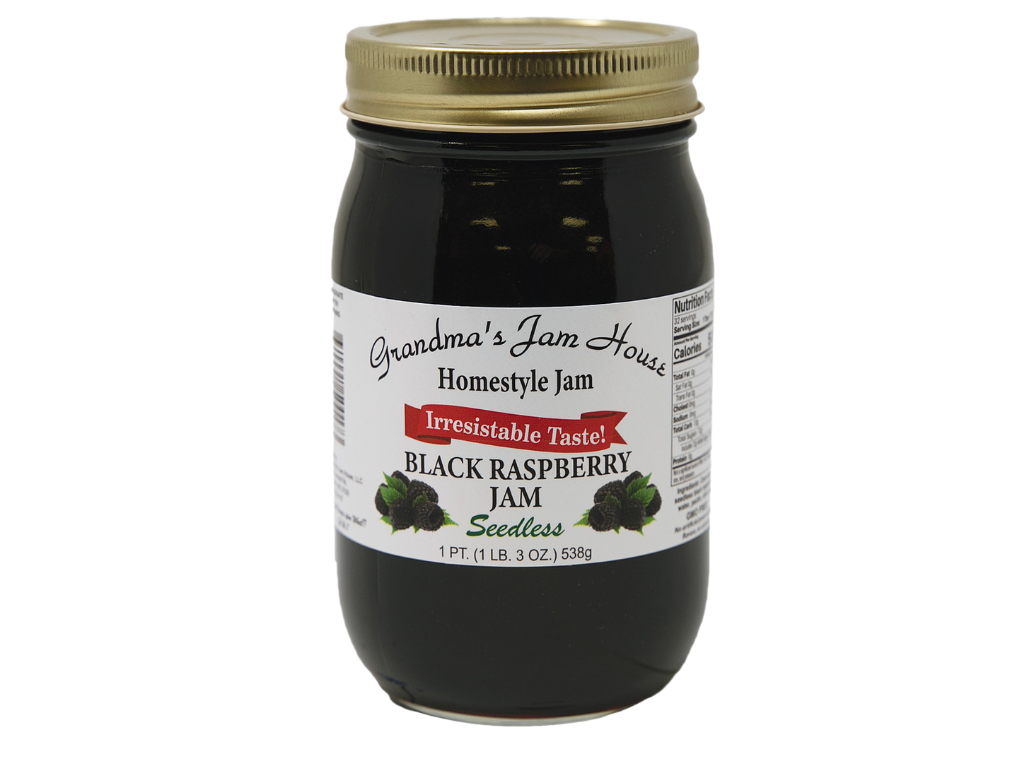 Handcrafted jar of seedless black raspberry homestyle jam with gold lid and white label featuring fruit illustrations, made in USA, ideal for Kitchen & Food, Pantry, Peanut Butter & Jellies, Best Sellers, and Promo Eligible collections.