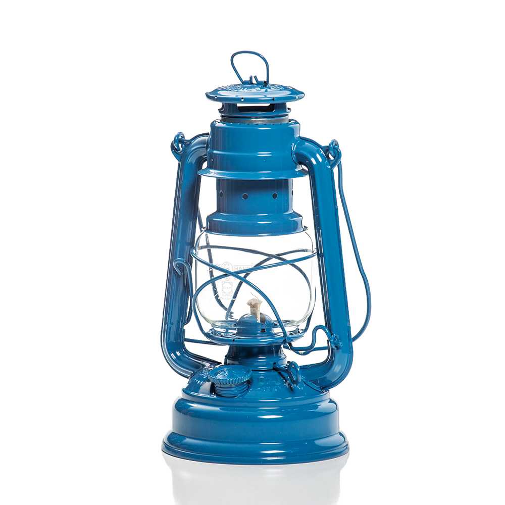 Blue galvanized oil lantern featuring a durable thermal heat-resistant glass globe and sturdy metal frame, ideal for camping, emergency supplies, and outdoor lighting.