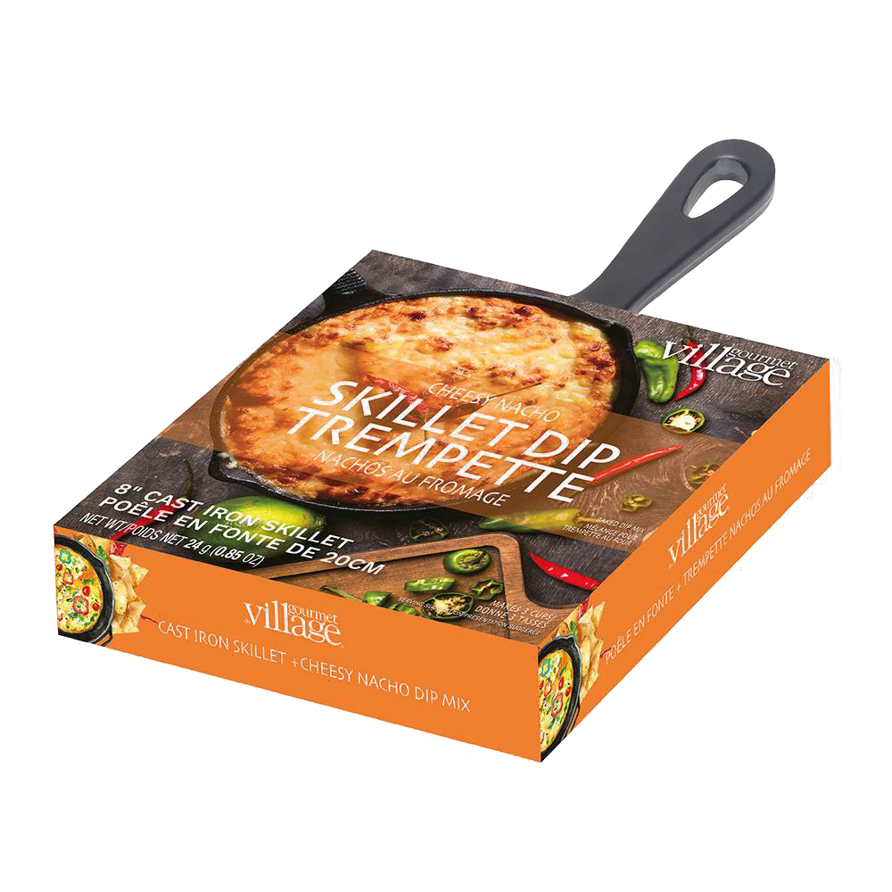 8-inch cast iron skillet with cheesy nacho dip mix packaging, ideal for Kitchen & Food, Food, Dry Goods and Mixes, Best Sellers, Promo Eligible collections.