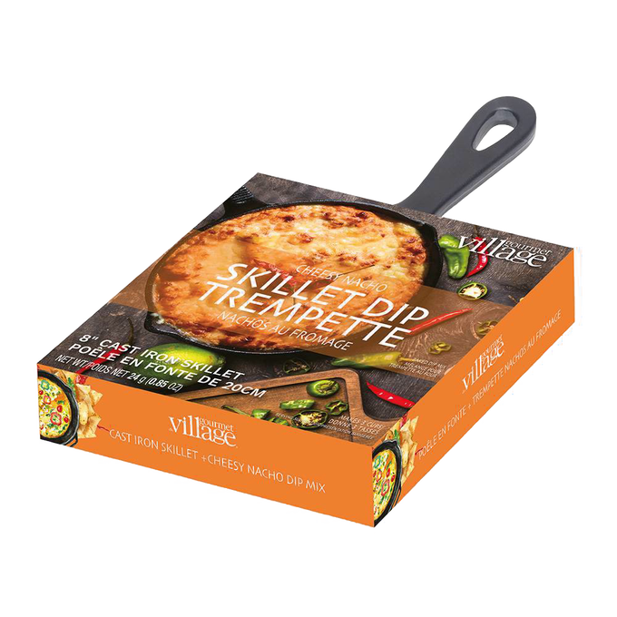 8-inch cast iron skillet with cheesy nacho dip mix packaging, ideal for Kitchen & Food, Food, Dry Goods and Mixes, Best Sellers, Promo Eligible collections.