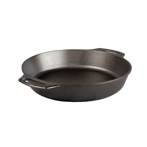 Cast iron skillet with dual handles, naturally seasoned for even heating, part of Kitchen & Food, Cookware, Cast Iron, USA Made, Best Sellers, and Promo Eligible collections.