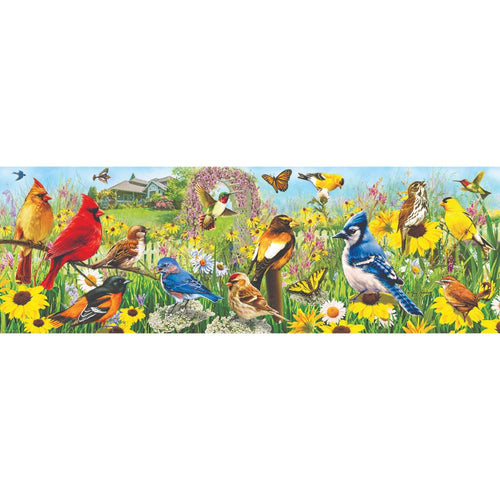 Colorful illustration of various backyard bird species perched among wildflowers and butterflies with a farmhouse in the distant background, featured in puzzles and games collections.