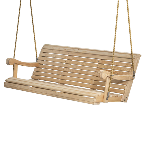 Handcrafted Amish-made 5-foot hanging porch swing in natural cypress wood with rope supports, part of Home & Decor, Outdoor Furniture, USA Made, Amish Made, and Best Sellers collections.