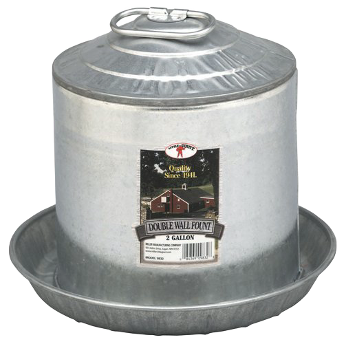 Galvanized double wall chicken waterer holding 2 gallons with a raised lid handle, designed for long-lasting use in farm, garden & tool, animal care, and USA made collections.