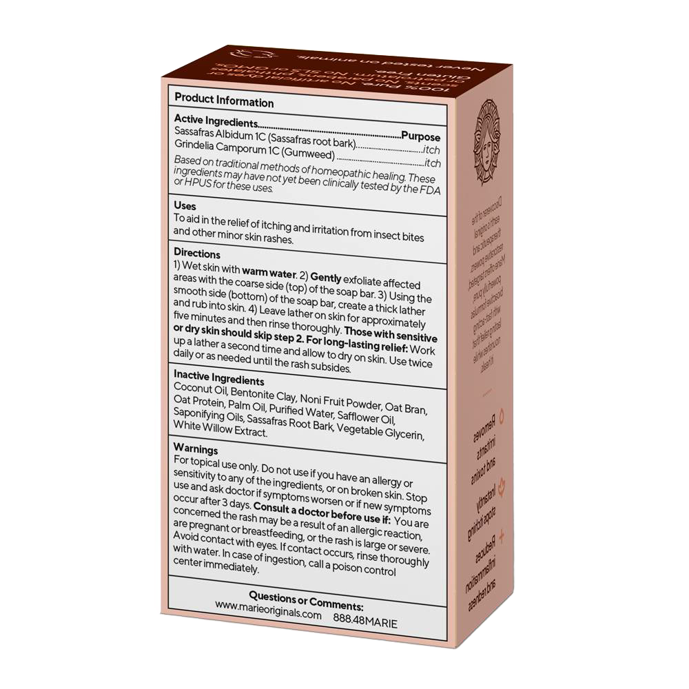 Box of handcrafted all-natural itch relief soap with ingredients list and usage directions, featured in Health & Wellness, Grooming and Personal Hygiene, Soaps and Soapmaking, Soaps, USA Made, and Best Sellers collections.