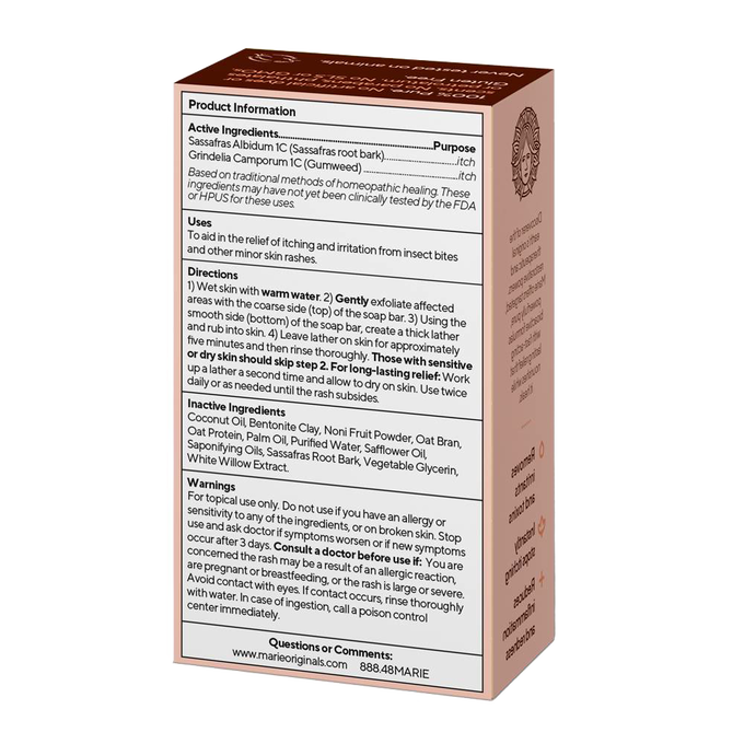 Box of handcrafted all-natural itch relief soap with ingredients list and usage directions, featured in Health & Wellness, Grooming and Personal Hygiene, Soaps and Soapmaking, Soaps, USA Made, and Best Sellers collections.