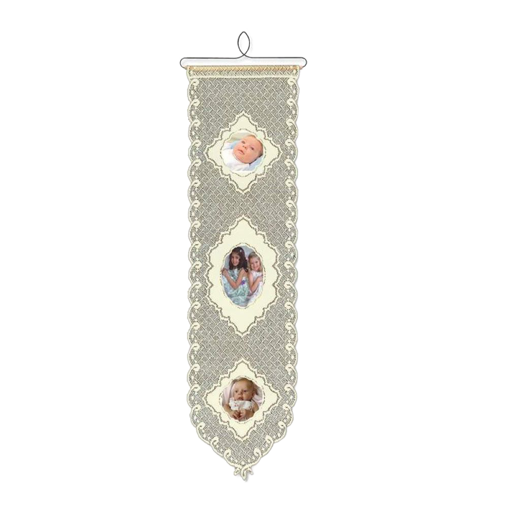 Cream polyester lace wall banner with vintage-inspired scalloped edges and three photo openings, featuring a wood and wire hanger, perfect for Home & Decor and USA Made collections.