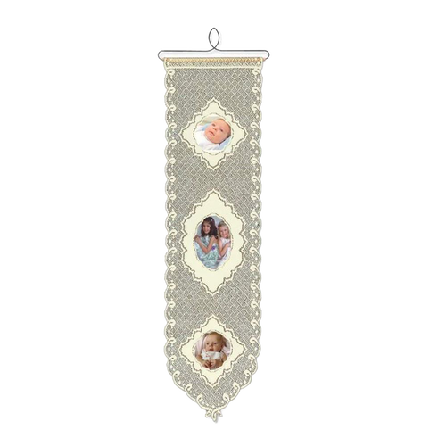 Cream polyester lace wall banner with vintage-inspired scalloped edges and three photo openings, featuring a wood and wire hanger, perfect for Home & Decor and USA Made collections.