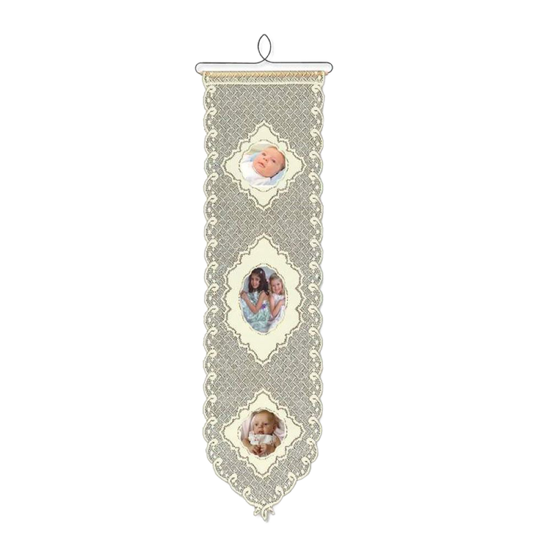Cream polyester lace wall banner with vintage-inspired scalloped edges and three photo openings, featuring a wood and wire hanger, perfect for Home & Decor and USA Made collections.