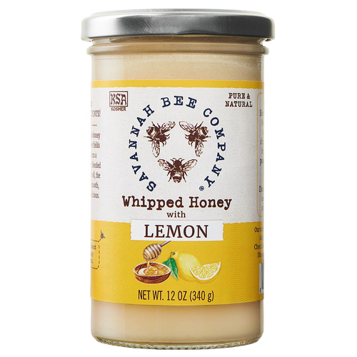 Handcrafted lemon-flavored whipped honey in a glass jar with a silver lid, featuring natural and pure ingredients, ideal for Kitchen & Food, Pantry, and Best Sellers collections.