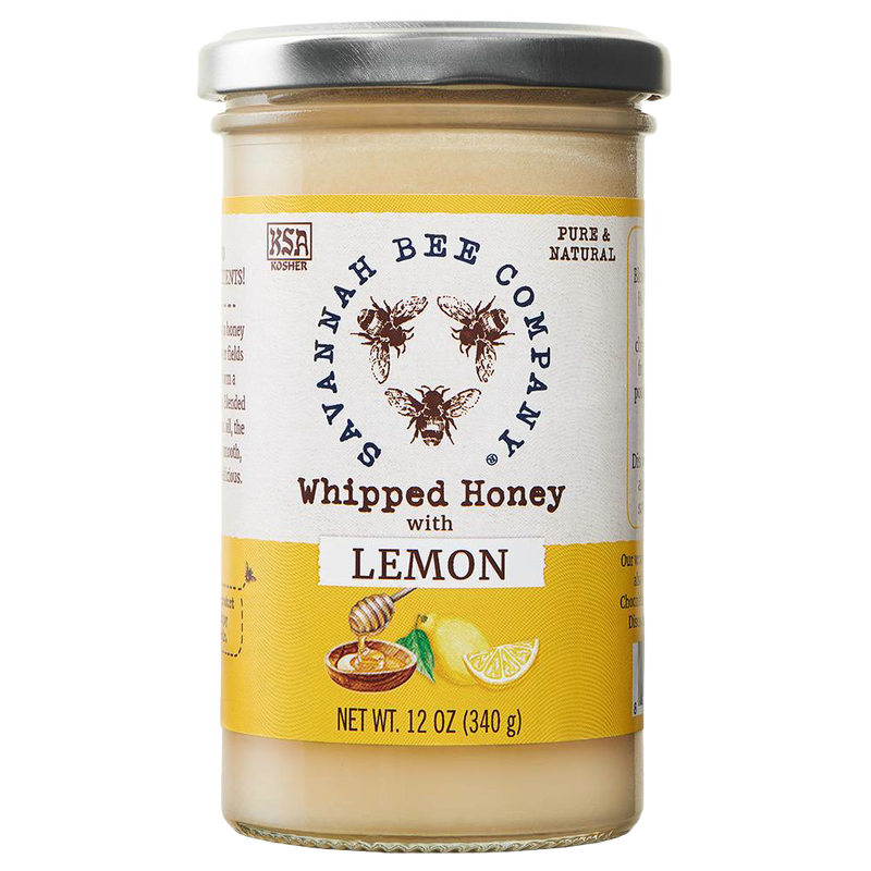 Handcrafted lemon-flavored whipped honey in a glass jar with a silver lid, featuring natural and pure ingredients, ideal for Kitchen & Food, Pantry, and Best Sellers collections.
