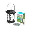 Black patio mosquito repellent lantern with decorative cutouts and metal handle, accompanied by a pack of repellent mats and butane cartridges, ideal for Farm, Garden & Tool, Pest Control, Camping, and Outdoor collections.