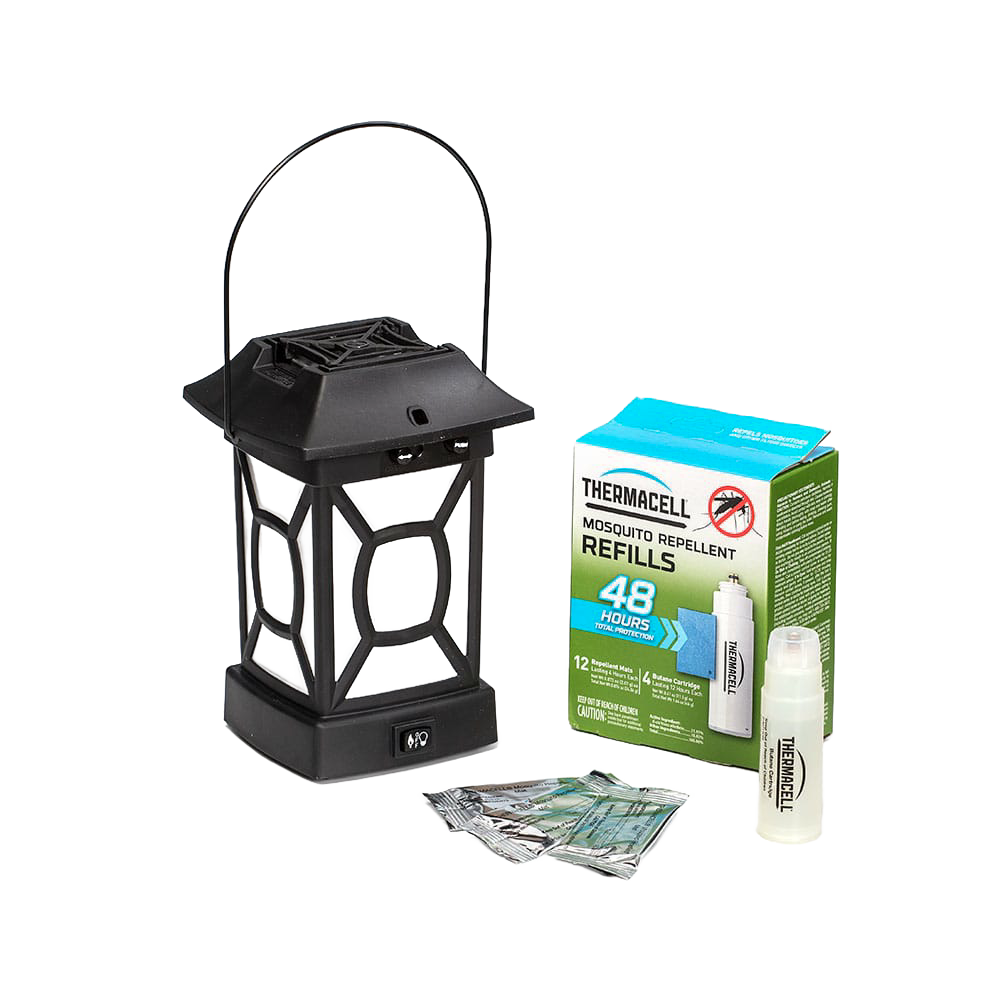 Black patio mosquito repellent lantern with decorative cutouts and metal handle, accompanied by a pack of repellent mats and butane cartridges, ideal for Farm, Garden & Tool, Pest Control, Camping, and Outdoor collections.