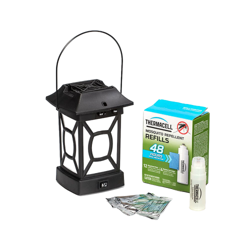 Black patio mosquito repellent lantern with decorative cutouts and metal handle, accompanied by a pack of repellent mats and butane cartridges, ideal for Farm, Garden & Tool, Pest Control, Camping, and Outdoor collections.