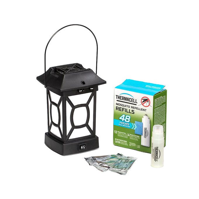 Black patio mosquito repellent lantern with decorative cutouts and metal handle, accompanied by a pack of repellent mats and butane cartridges, ideal for Farm, Garden & Tool, Pest Control, Camping, and Outdoor collections.