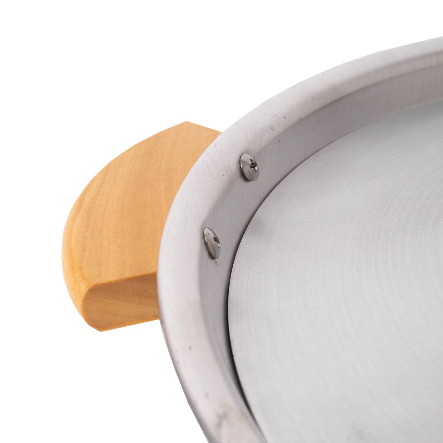 Close-up of a handcrafted aluminum stovetop popcorn popper rim with smooth finish and attached natural wooden handle, featured in Kitchen & Food and Cookware collections.