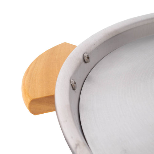 Close-up of a handcrafted aluminum stovetop popcorn popper rim with smooth finish and attached natural wooden handle, featured in Kitchen & Food and Cookware collections.