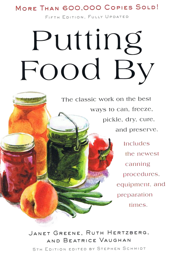 Cover illustration featuring three glass jars filled with preserved fruits and vegetables alongside fresh produce, representing traditional canning and preserving methods for home and garden enthusiasts.