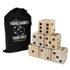 Six handcrafted wooden dice with black pips stacked in a pyramid beside a black drawstring carrying bag, part of Toys, Books & Games, Lawn Games, Best Sellers, and Promo Eligible collections.