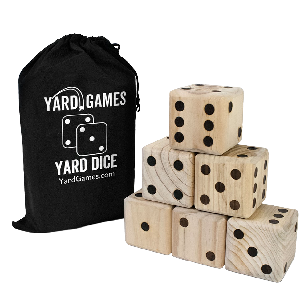 Six handcrafted wooden dice with black pips stacked in a pyramid beside a black drawstring carrying bag, part of Toys, Books & Games, Lawn Games, Best Sellers, and Promo Eligible collections.