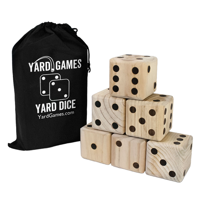 Six handcrafted wooden dice with black pips stacked in a pyramid beside a black drawstring carrying bag, part of Toys, Books & Games, Lawn Games, Best Sellers, and Promo Eligible collections.
