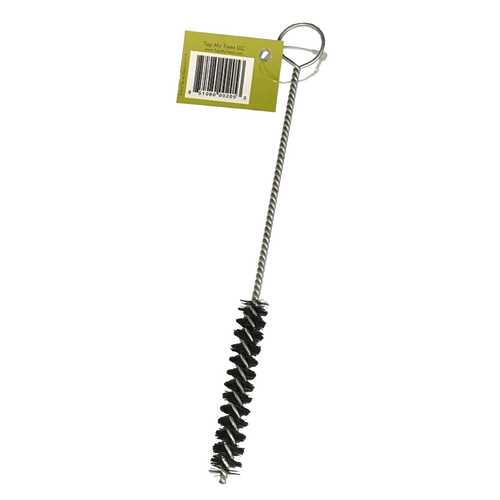 Small cleaning brush with sturdy twisted wire handle and dense bristles, designed for maintaining tapping spiles in orchard and maple syrup sugaring supplies collections.