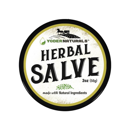Round metal tin with a rustic label for Yoder's Herbal Salve, a handcrafted balm made in USA with natural ingredients, ideal for Health & Wellness and Healing Remedies collections.