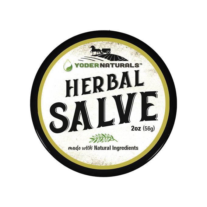 Round metal tin with a rustic label for Yoder's Herbal Salve, a handcrafted balm made in USA with natural ingredients, ideal for Health & Wellness and Healing Remedies collections.