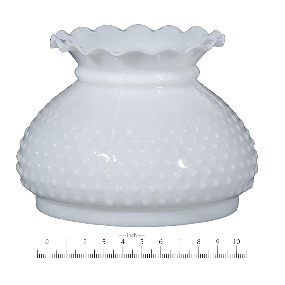 Handcrafted opal glass oil lamp shade featuring a hobnail design and scalloped ruffled top, suitable for lamps & lighting, parts and accessories, lamp shades, best sellers, and promo eligible collections.