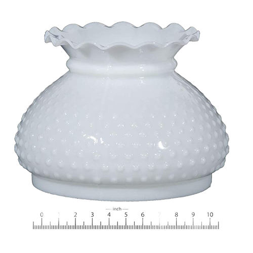 Handcrafted opal glass oil lamp shade featuring a hobnail design and scalloped ruffled top, suitable for lamps & lighting, parts and accessories, lamp shades, best sellers, and promo eligible collections.