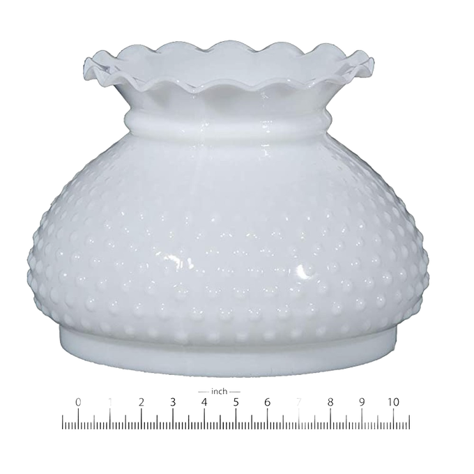 Handcrafted opal glass oil lamp shade featuring a hobnail design and scalloped ruffled top, suitable for lamps & lighting, parts and accessories, lamp shades, best sellers, and promo eligible collections.