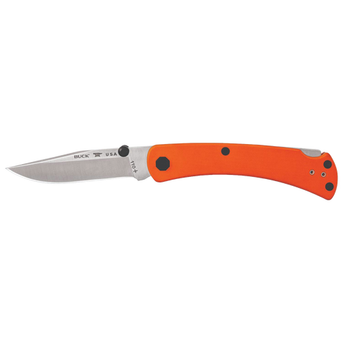 Slim folding knife with bright orange lightweight handle, slim 0.45-inch thick stainless steel blade, dual thumbstuds, and reversible pocket clip, made in USA for Farm, Garden & Tool, Hand Tools and Hardware, and Best Sellers collections.