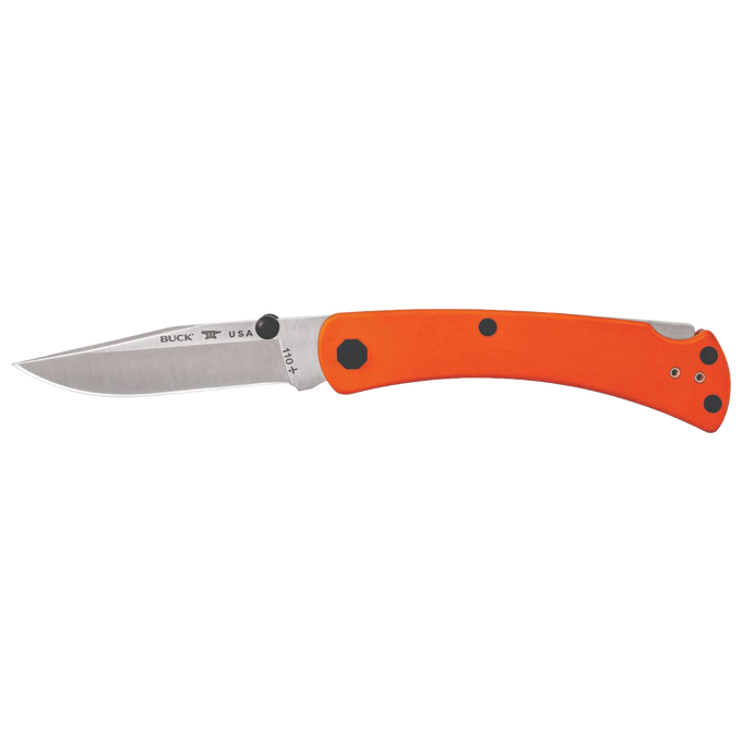 Slim folding knife with bright orange lightweight handle, slim 0.45-inch thick stainless steel blade, dual thumbstuds, and reversible pocket clip, made in USA for Farm, Garden & Tool, Hand Tools and Hardware, and Best Sellers collections.