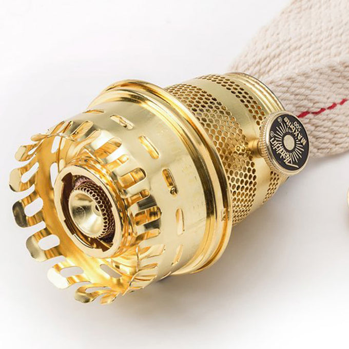 Polished brass burner with adjustment knob and braided cotton wick designed for lamp replacements, featured in Lamps & Lighting, Parts and Accessories, Lamp Burners and Collars, Best Sellers, Promo Eligible collections.