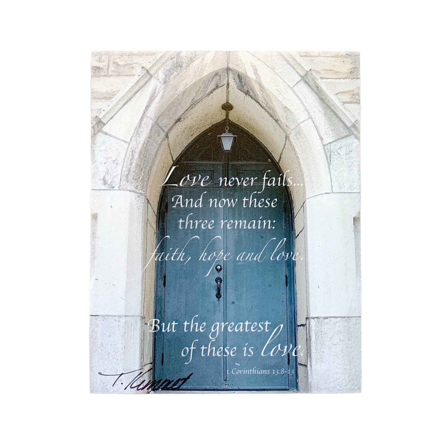 Deluxe handcrafted magnet showcasing a classic arched stone doorway with an inspiring scripture verse about faith, hope, and love, perfect for Home & Decor, Best Sellers, and Promo Eligible collections.