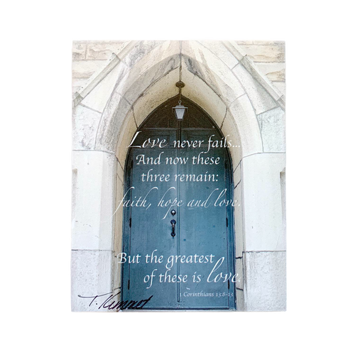 Deluxe handcrafted magnet showcasing a classic arched stone doorway with an inspiring scripture verse about faith, hope, and love, perfect for Home & Decor, Best Sellers, and Promo Eligible collections.