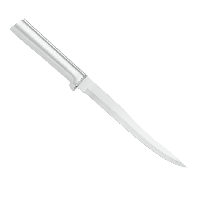 Sleek boning knife featuring a solid satin-finished recycled aluminum handle and high carbon surgical-quality steel blade, handcrafted in the USA, ideal for Farm, Garden & Tool and Kitchen & Food collections.