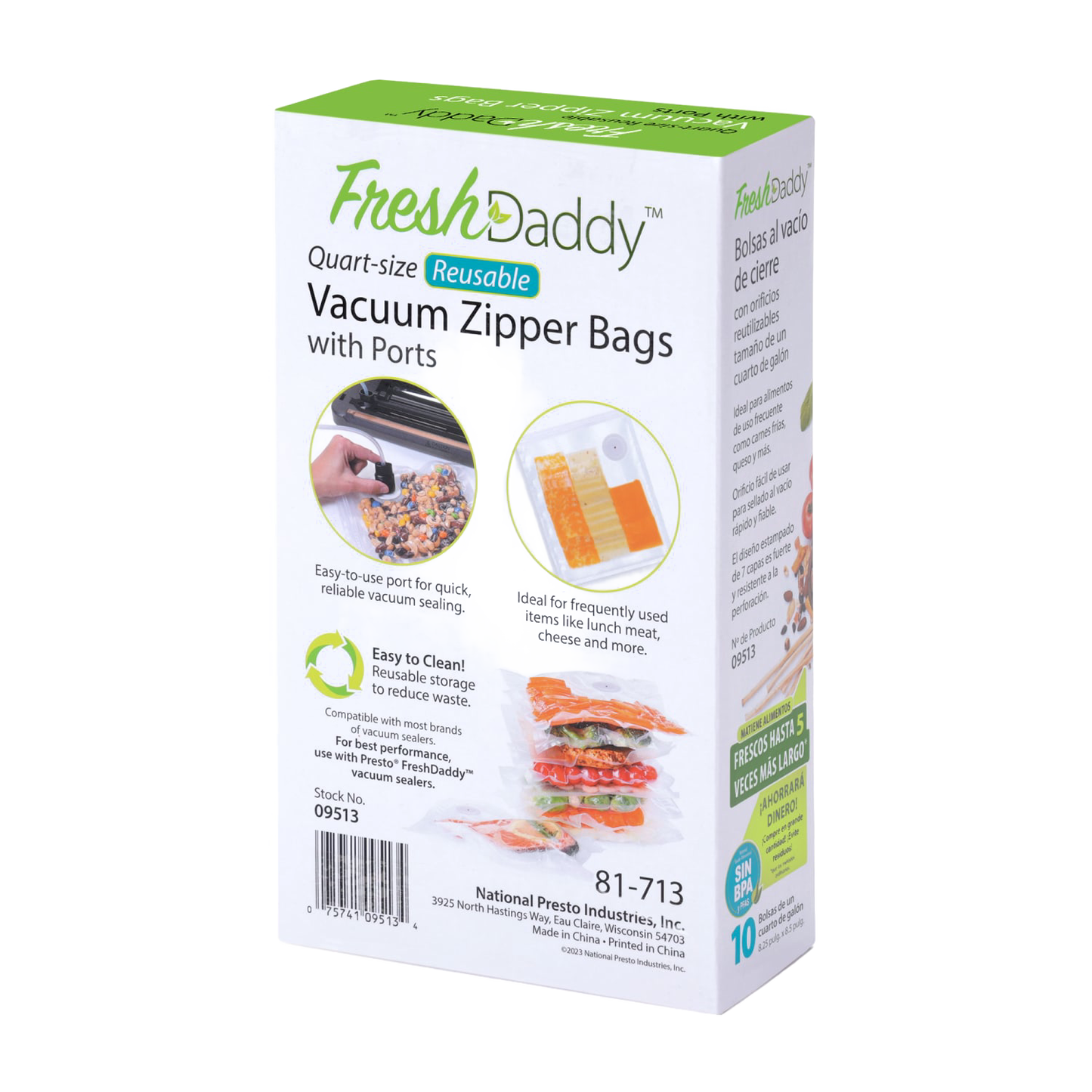 Box of quart-size reusable vacuum zipper bags with ports for easy sealing, ideal for preserving lunch meat, cheese, and vegetables, featured in Kitchen & Food and Food Preservation collections.