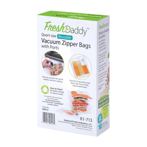 Box of quart-size reusable vacuum zipper bags with ports for easy sealing, ideal for preserving lunch meat, cheese, and vegetables, featured in Kitchen & Food and Food Preservation collections.